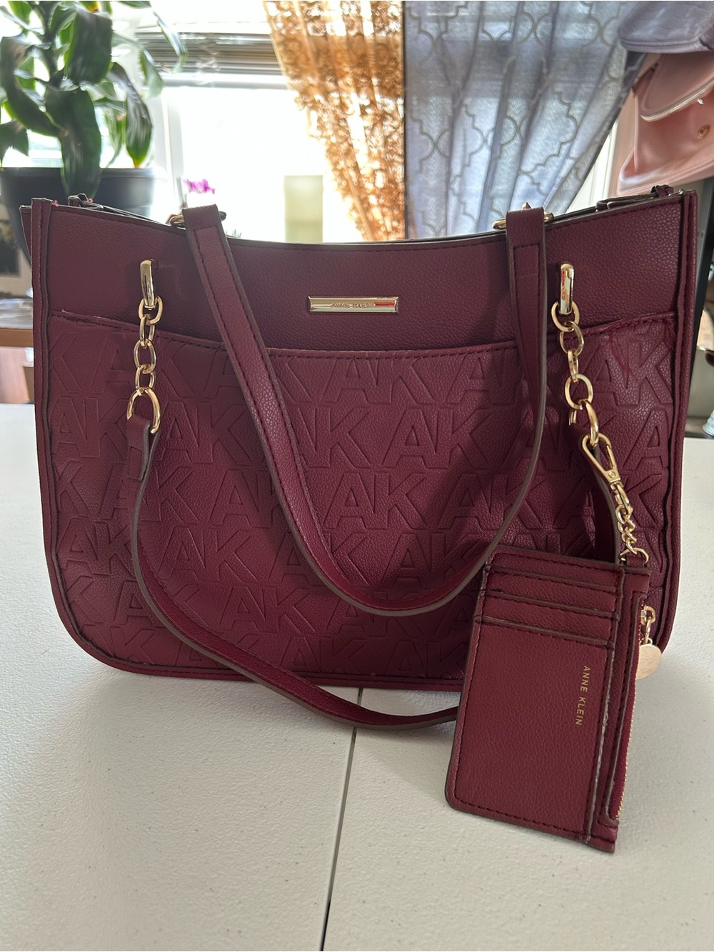 Anne Klein Wine Embossed AK Monogram Shoulder Tote with Cardholder